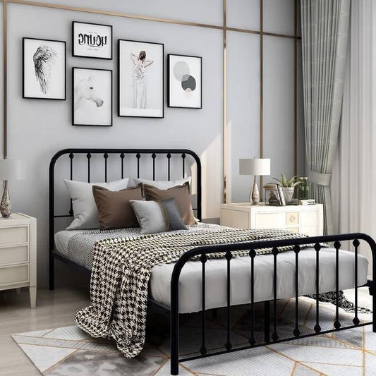 Full size Classic Black Metal Bed Frame with Slatted Headboard and Footboard - Tampa Home & Garden Store