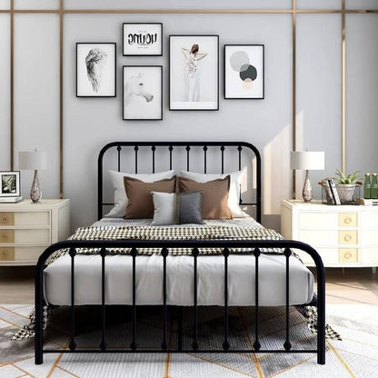 Estructura de cama metálica clásica negra de tamaño completo con cabecero y piecero de listones
