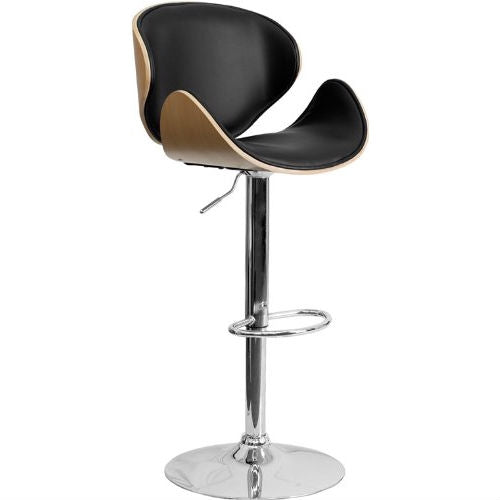Taburete moderno de altura regulable con asiento y respaldo curvos de vinilo negro