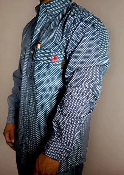 FR Pearl Snap Work Shirt Honor Navy with white dot pattern and chest pocket Static FR tag on Tampa Home & Garden Store