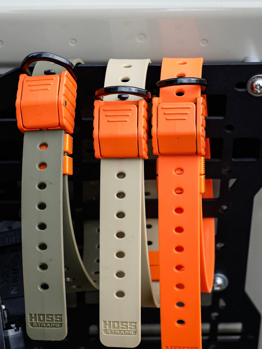 PRO SERIES FIELD COLLAR by Hoss Straps, trio of dog collars in orange and beige with buckles on Tampa Home & Garden Store
