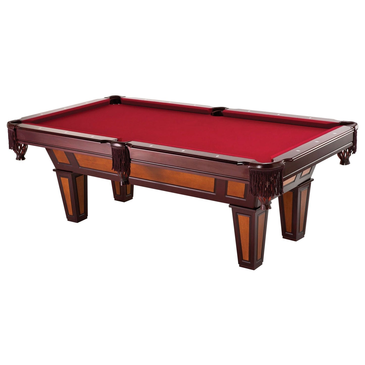 Mesa de billar de 7 pies con tablero de lana burdeos rojizo y troneras con flecos