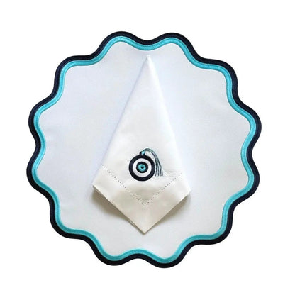 Mykonos placemat with turquoise blue scalloped edge trim, white center by Talah Home for coastal tables on Tampa Home & Garden Store