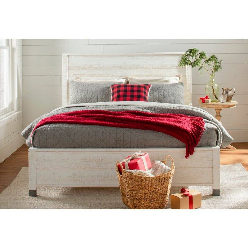 Estructura de cama de plataforma de madera maciza tamaño completo con cabecero en acabado blanco rústico