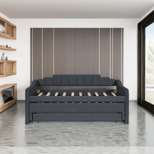 Twin grey upholstered daybed with trundle and drawers, slat-frame bed in a modern room on Tampa Home & Garden Store