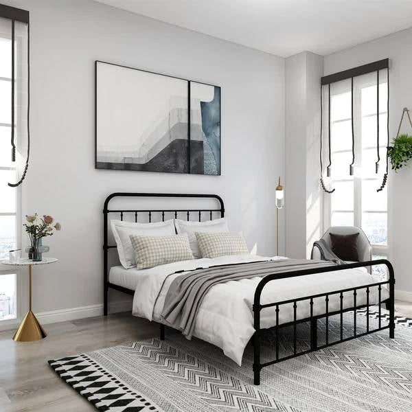 Estructura de cama de metal negro estilo rústico de tamaño completo con cabecero y piecero redondeados