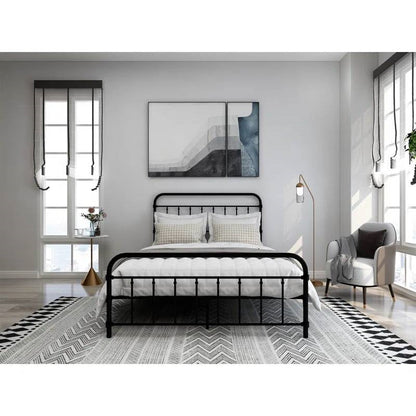 Estructura de cama de metal negro estilo rústico de tamaño completo con cabecero y piecero redondeados
