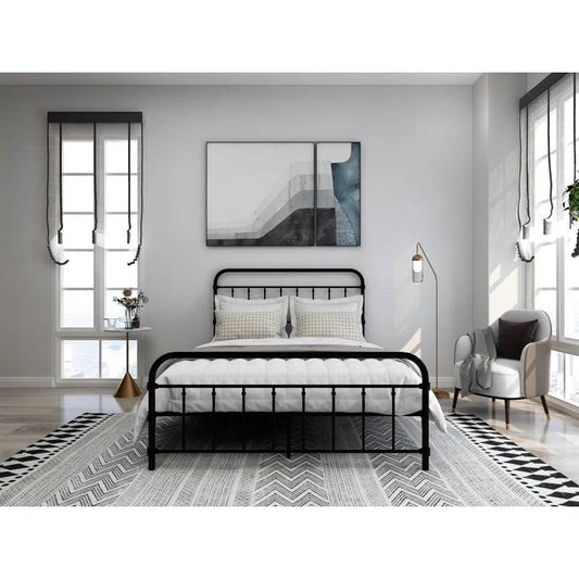 Full size Farmhouse Black Metal Bed Frame with Rounded Headboard Footboard - Tampa Home & Garden Store