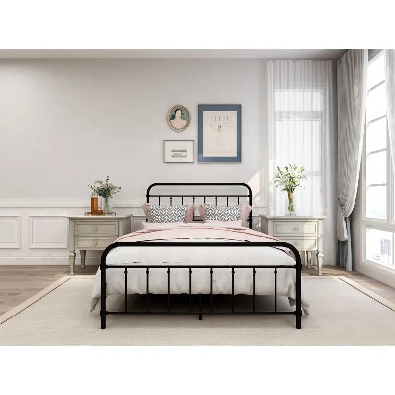 Estructura de cama de metal negro estilo rústico de tamaño completo con cabecero y piecero redondeados