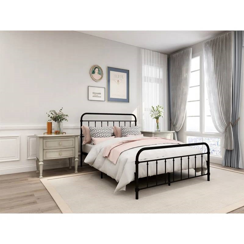 Estructura de cama de metal negro estilo rústico de tamaño completo con cabecero y piecero redondeados