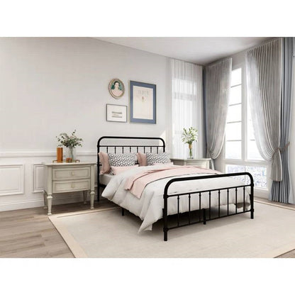 Estructura de cama de metal negro estilo rústico de tamaño completo con cabecero y piecero redondeados