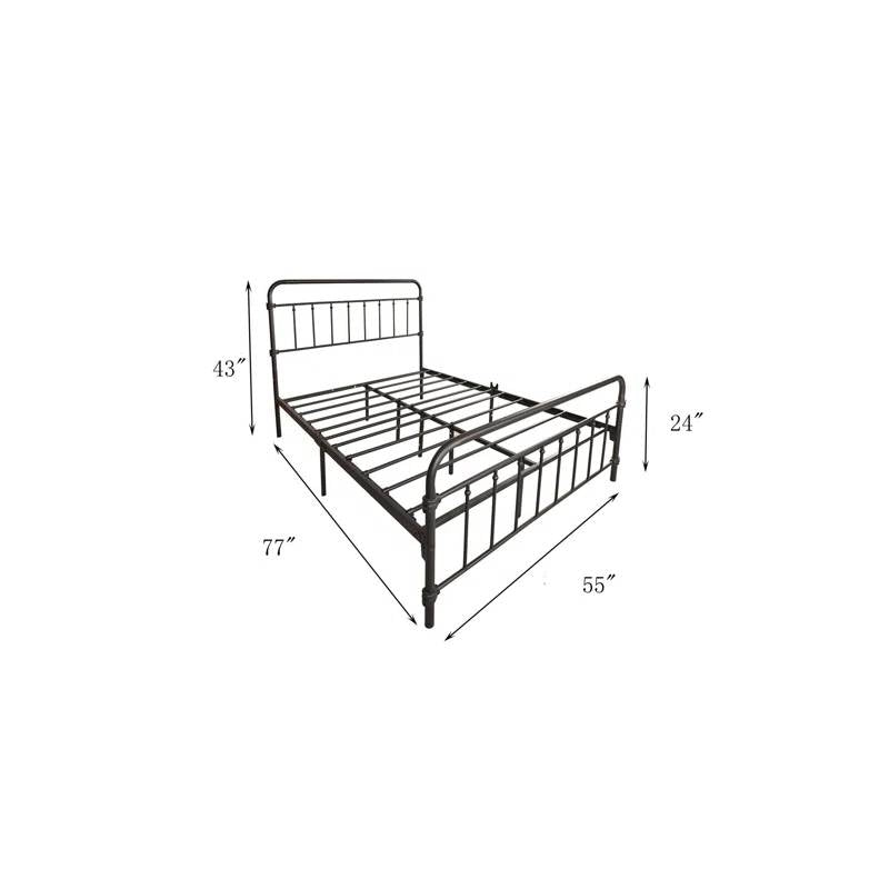 Estructura de cama de metal negro estilo rústico de tamaño completo con cabecero y piecero redondeados