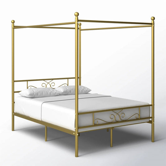 Full size French Country Four Poster Metal Canopy Bed in Gold Finish - Tampa Home & Garden Store