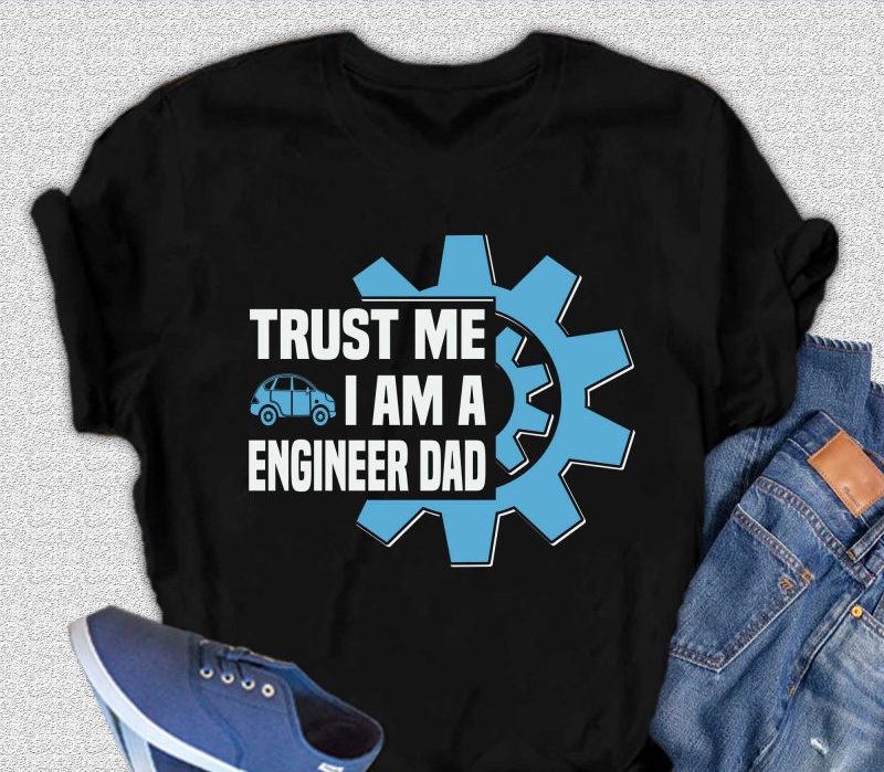 Trust Me I'm a Engineer Dad bamboo tee by Spun Bamboo with blue gear graphic on black shirt on Tampa Home & Garden Store