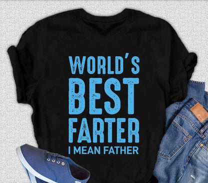 World's Best Farter men's graphic T-shirt in black with blue text I MEAN FATHER, Spun Bamboo on Tampa Home & Garden Store
