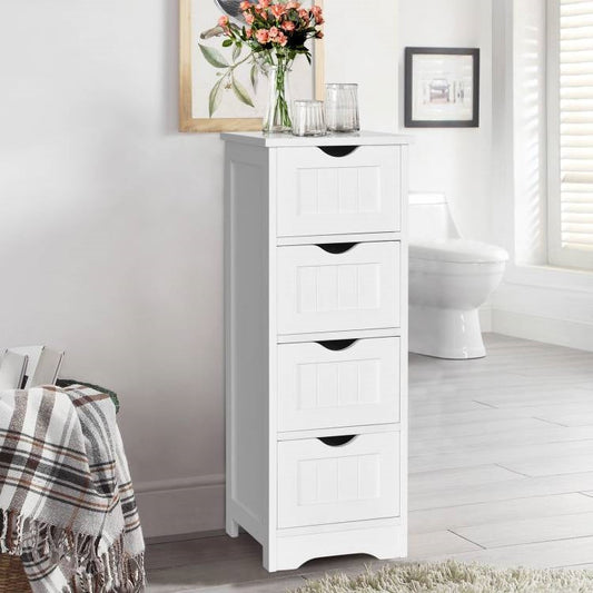 Modern Farmhouse 4-Drawer Bathroom Linen Floor Cabinet in White Wood Finish