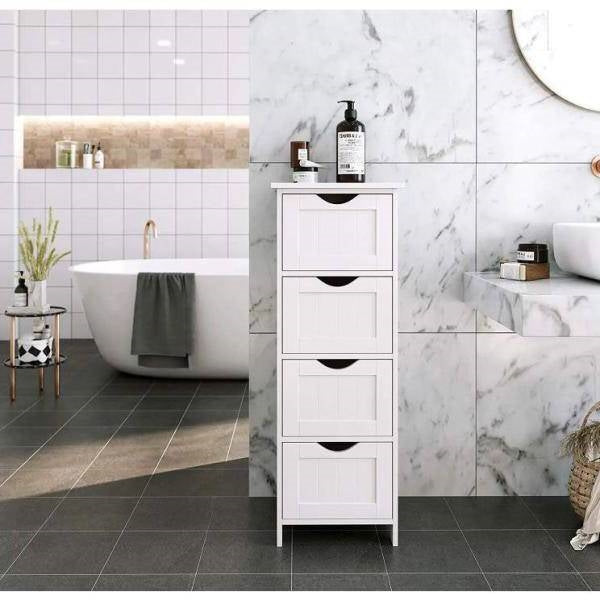 Mueble de suelo para baño estilo casa de campo moderno con 4 cajones para ropa blanca, en acabado de madera blanca