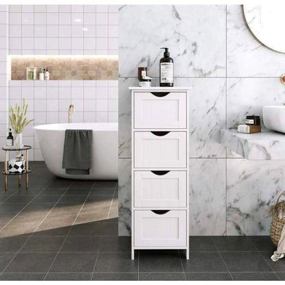 Mueble de suelo para baño estilo casa de campo moderno con 4 cajones para ropa blanca, en acabado de madera blanca