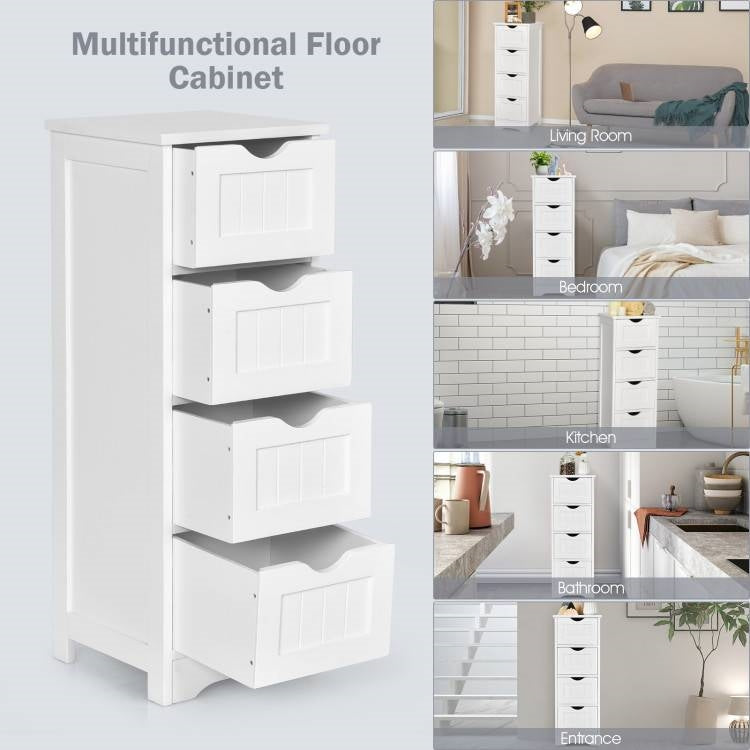 Mueble de suelo para baño estilo casa de campo moderno con 4 cajones para ropa blanca, en acabado de madera blanca