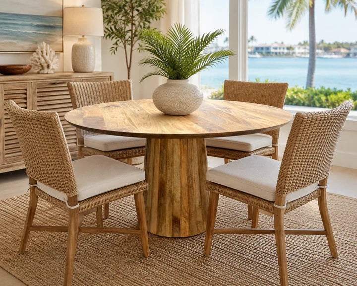 Round mango wood dining table with pedestal base and four wicker chairs with cushions on Tampa Home & Garden Store