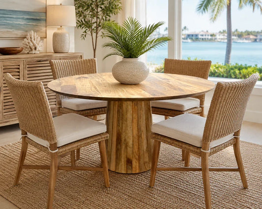 Round mango wood dining table with pedestal base and four wicker chairs with cushions on Tampa Home & Garden Store