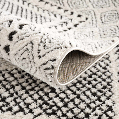 Julio Area Rug white cream with black geometric motif, plush shag pile and woven backing on Tampa Home & Garden Store