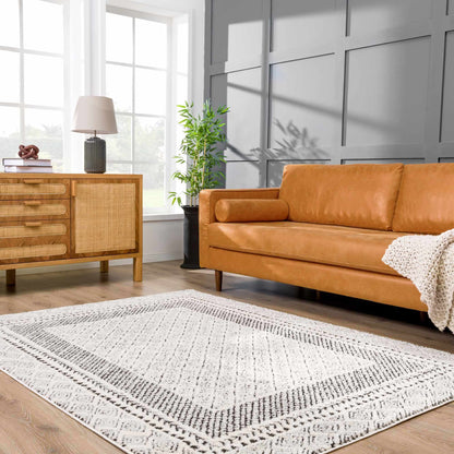 Julio Area Rug from Boutique Rugs in black white woven pattern across living room floor on Tampa Home & Garden Store