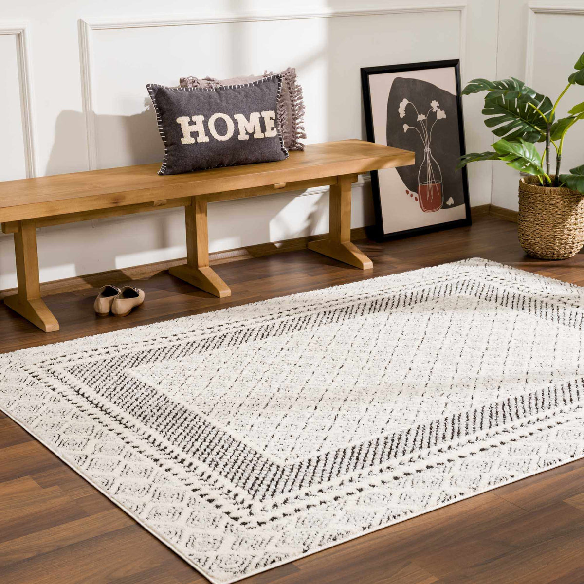 Julio area rug by Boutique Rugs, cream with black geometric pattern, stylish living room rug on Tampa Home & Garden Store