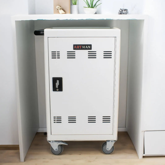 Mobile charging cart and cabinet for tablets, white metal on wheels with ARTMAN branding on Tampa Home & Garden Store