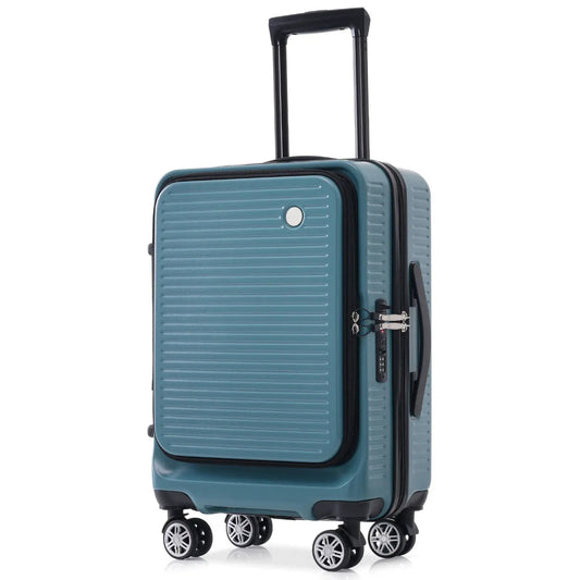 Blue 20-inch carry-on luggage with front pocket, retractable handle, 360° wheels, teal shell on Tampa Home & Garden Store