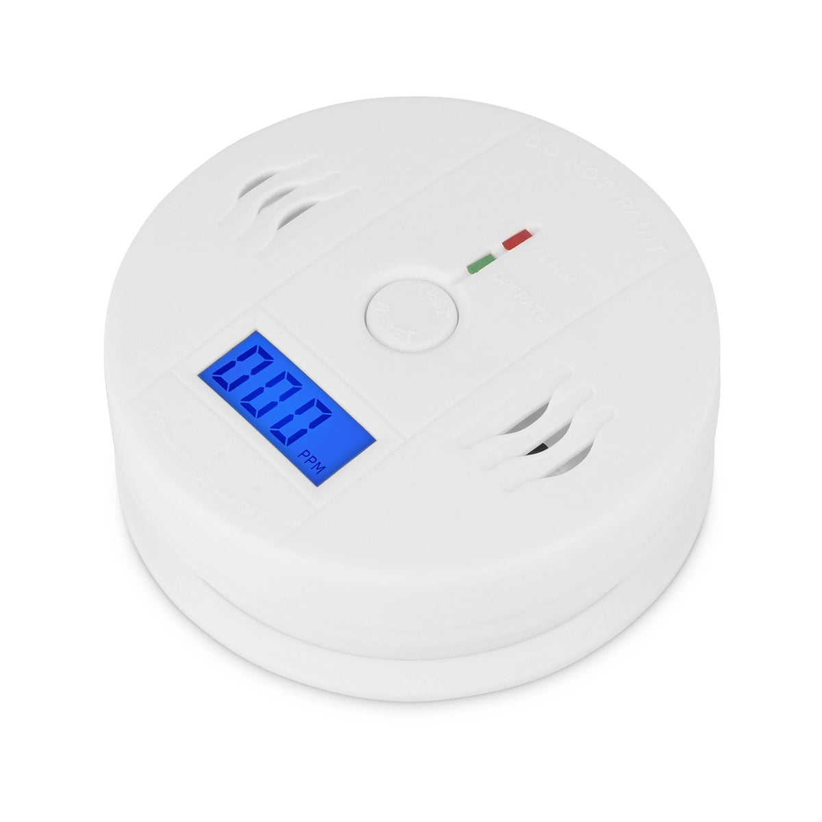 Battery operated CO carbon monoxide detector with blue digital display on white round unit on Tampa Home & Garden Store