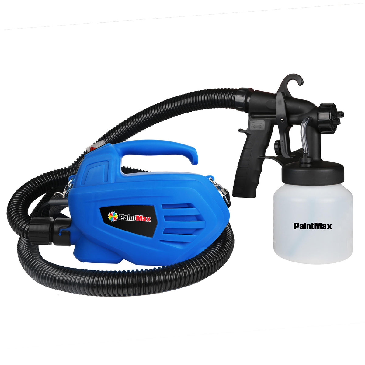 Blue 800ml paint sprayer with 650W motor, coiled hose, and detachable white PaintMax bottle on Tampa Home & Garden Store