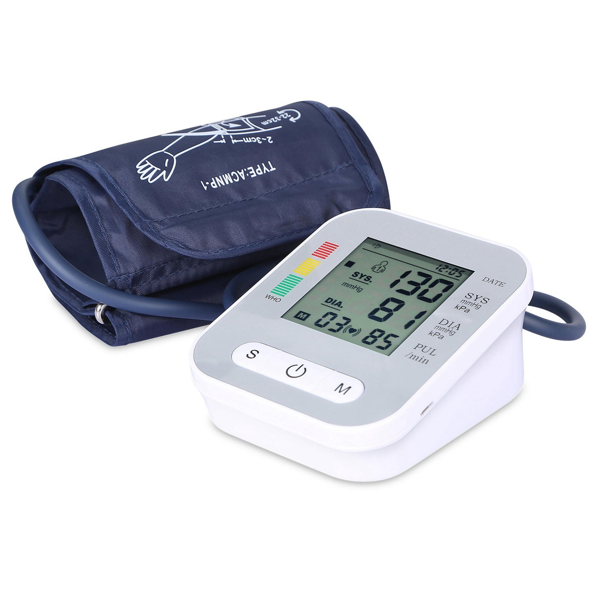 Digital arm blood pressure monitor with navy cuff and LCD display on Tampa Home & Garden Store