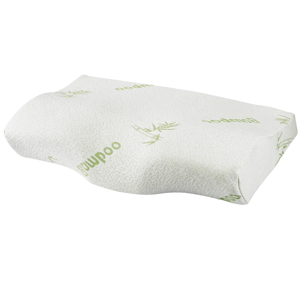Bamboo memory foam contoured cervical pillow with white breathable cover and bamboo print on Tampa Home & Garden Store