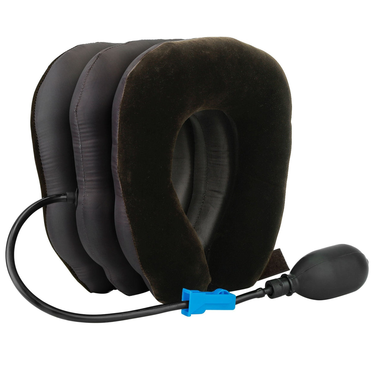 Inflatable neck traction pillow with plush cover, blue air valve and pump cord on Tampa Home & Garden Store