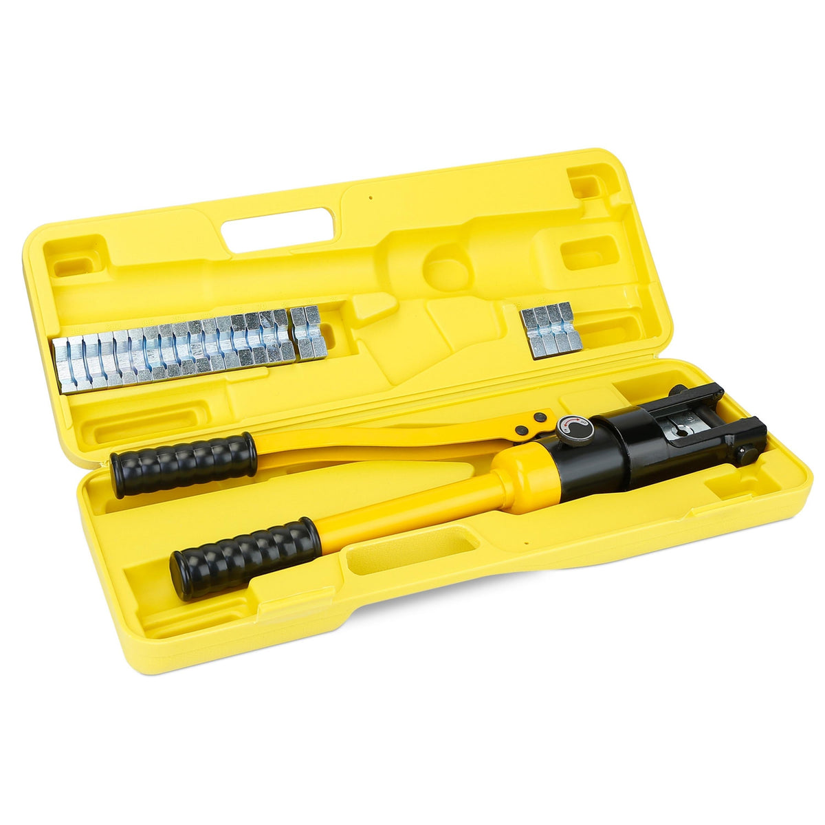 12 Ton hydraulic wire crimping tool set with 12 dies in yellow case on Tampa Home & Garden Store