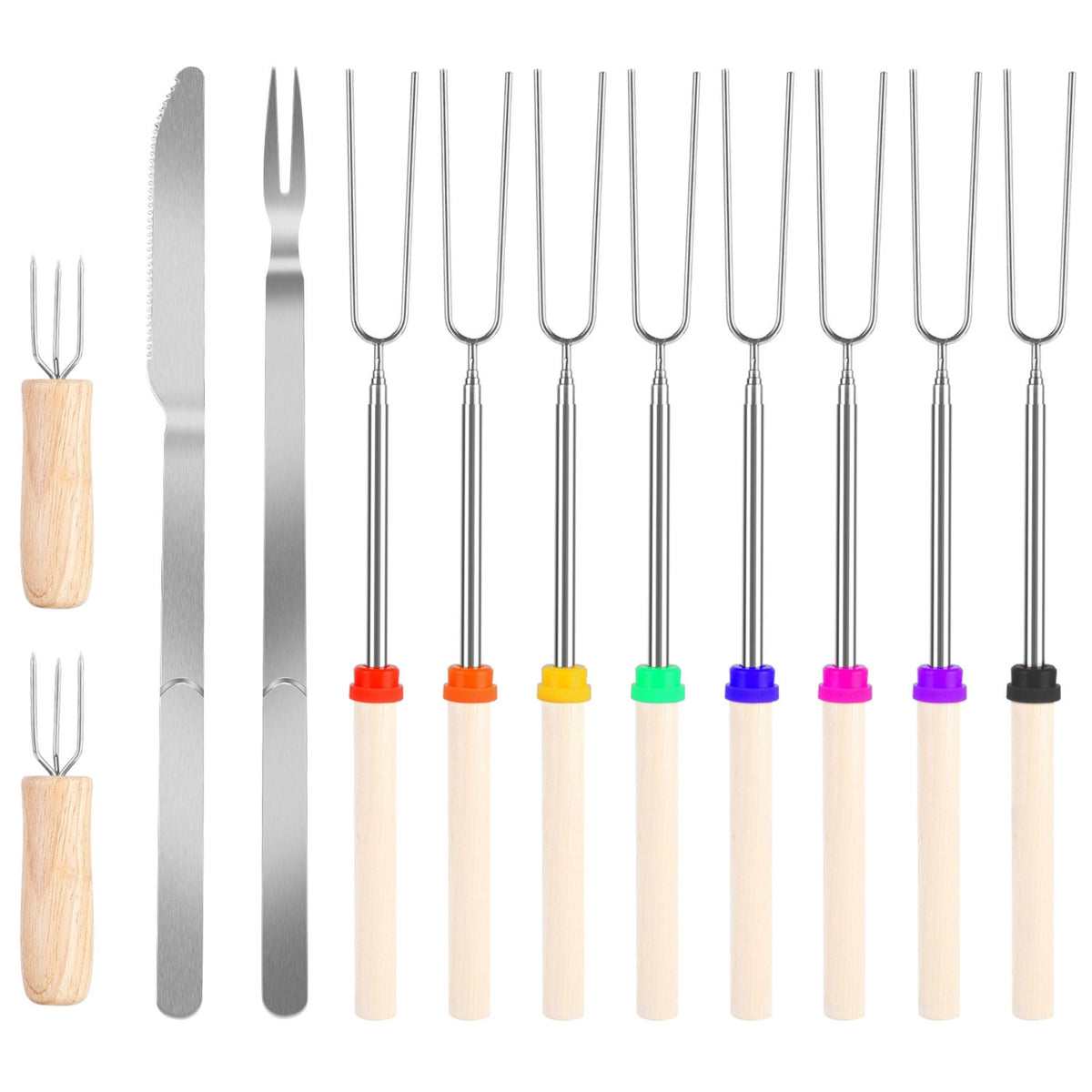 Extendable stainless steel roasting sticks with 31.9in skewers and color-coded tips on Tampa Home & Garden Store