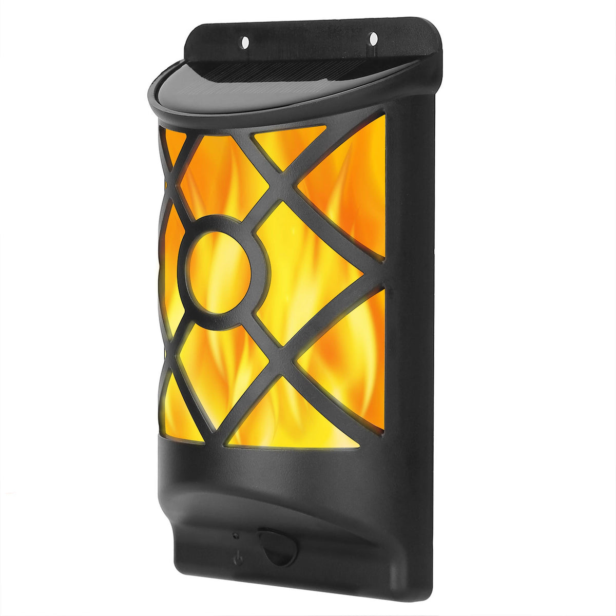 Flame Solar Lights Outdoor 96 LEDs wall-mount lantern with flickering orange glow in black frame on Tampa Home & Garden Store