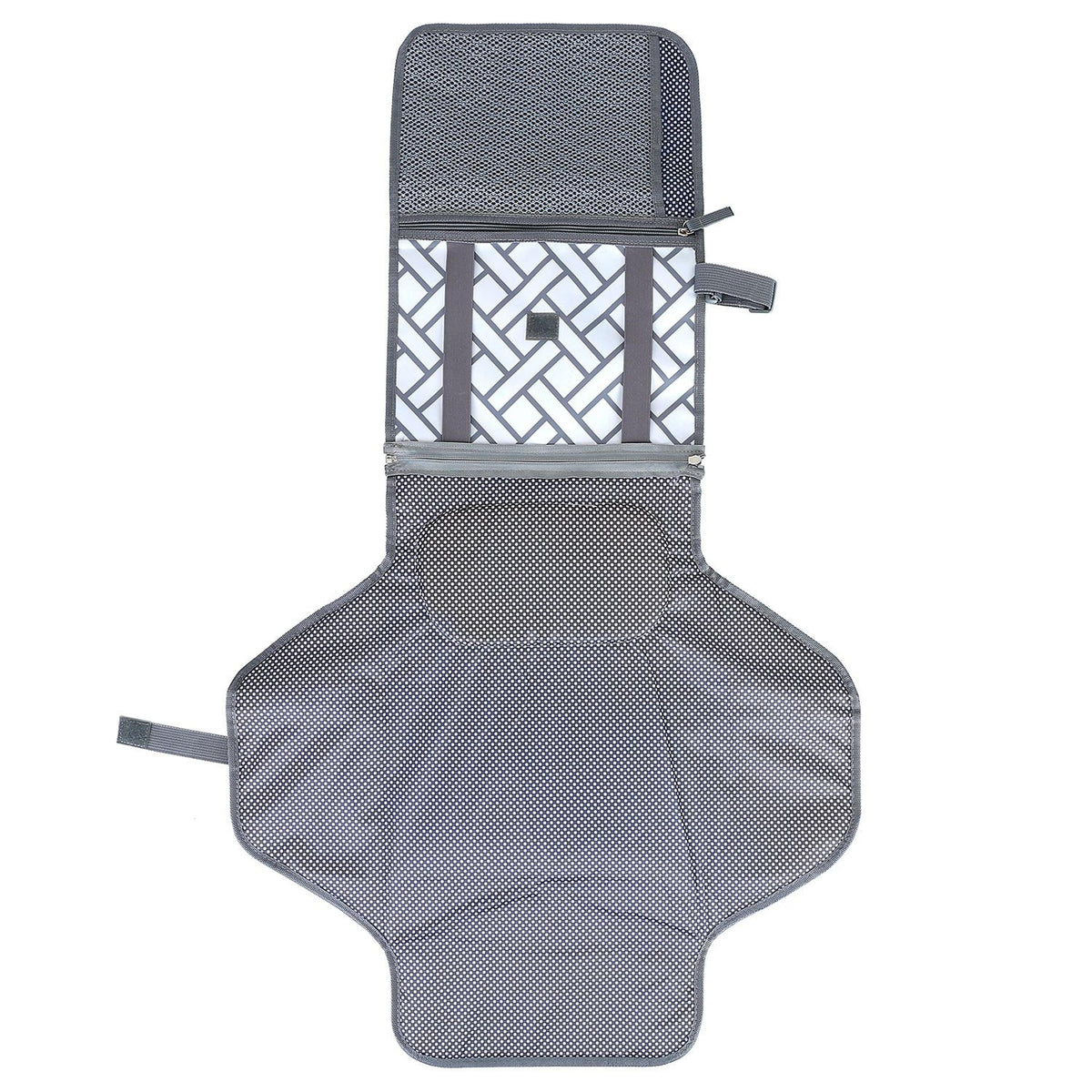 Foldable baby diaper changing pad with gray mesh top and geometric lower fabric, travel mat on Tampa Home & Garden Store