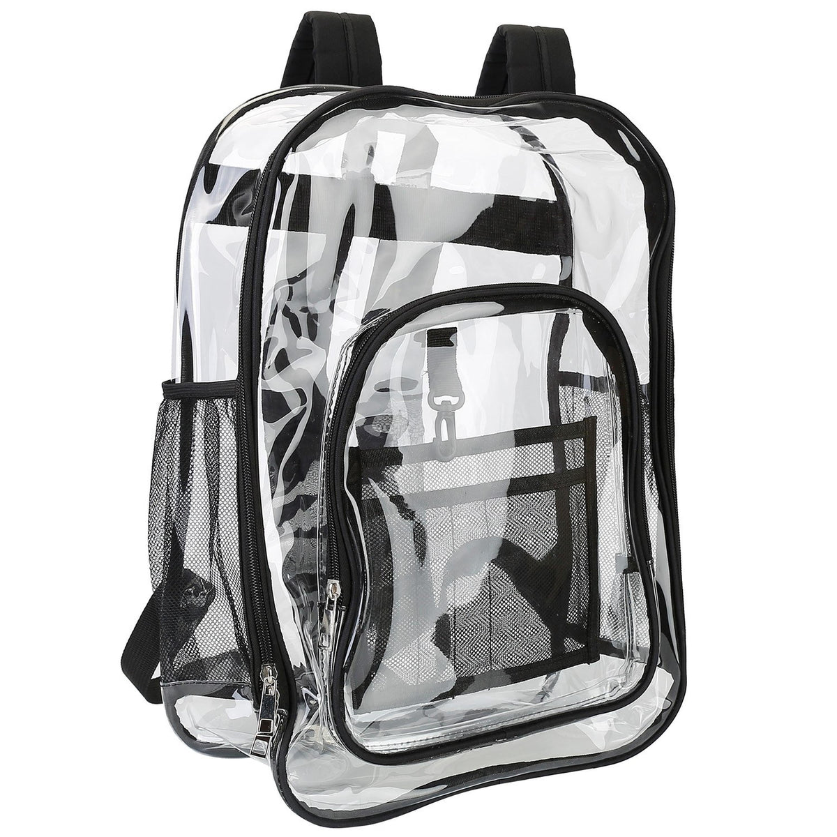 Clear PVC backpack with black trim, reinforced straps, transparent panels on Tampa Home & Garden Store