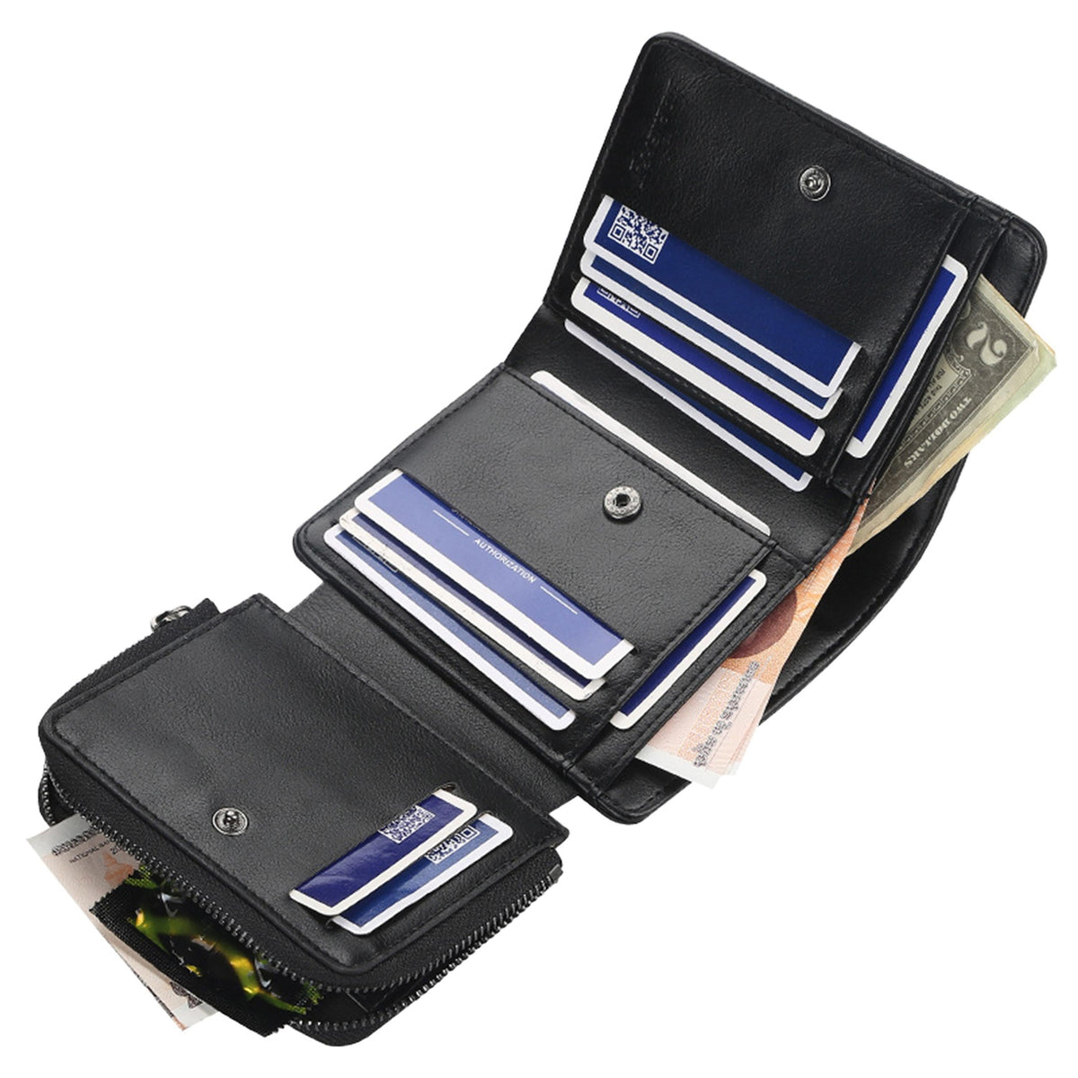 Men's black leather wallet with ID window, 14 card slots and zipper pocket on Tampa Home & Garden Store
