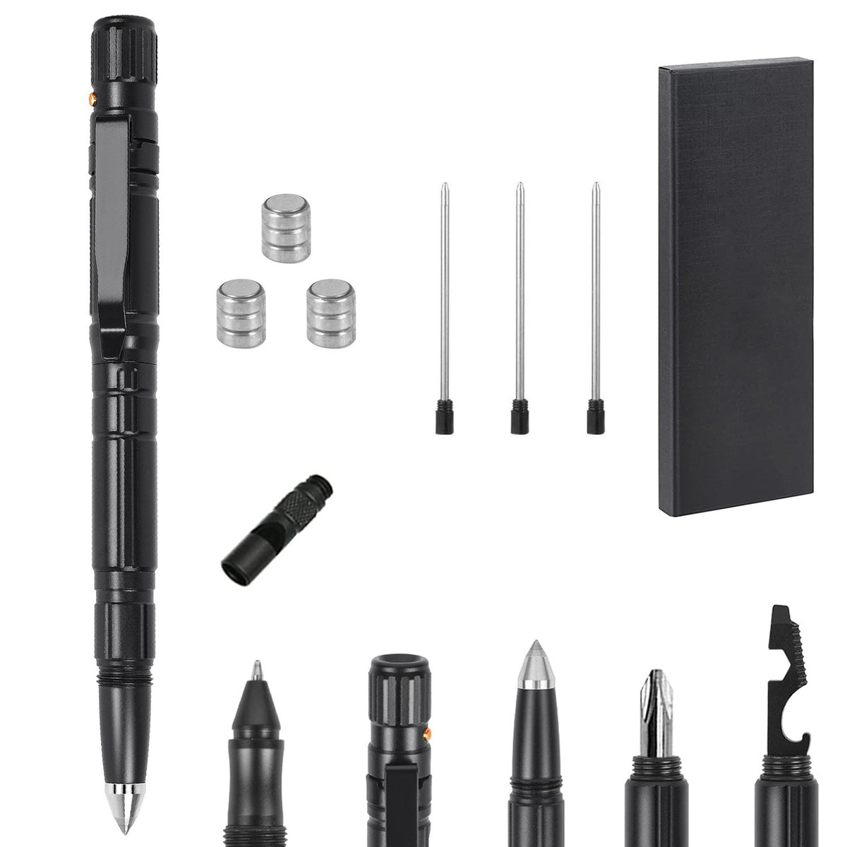 11-in-1 Tactical Pen Gear Set; black metal multi-tool pen with glass breaker LED whistle on Tampa Home & Garden Store