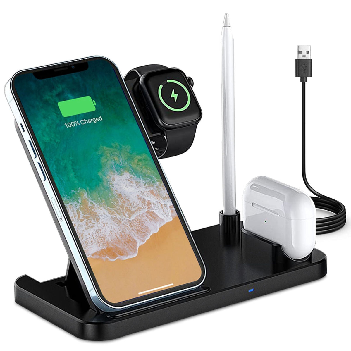 4-in-1 foldable wireless charger dock for iPhone, Apple Watch, AirPods and Pencil; black base on Tampa Home & Garden Store
