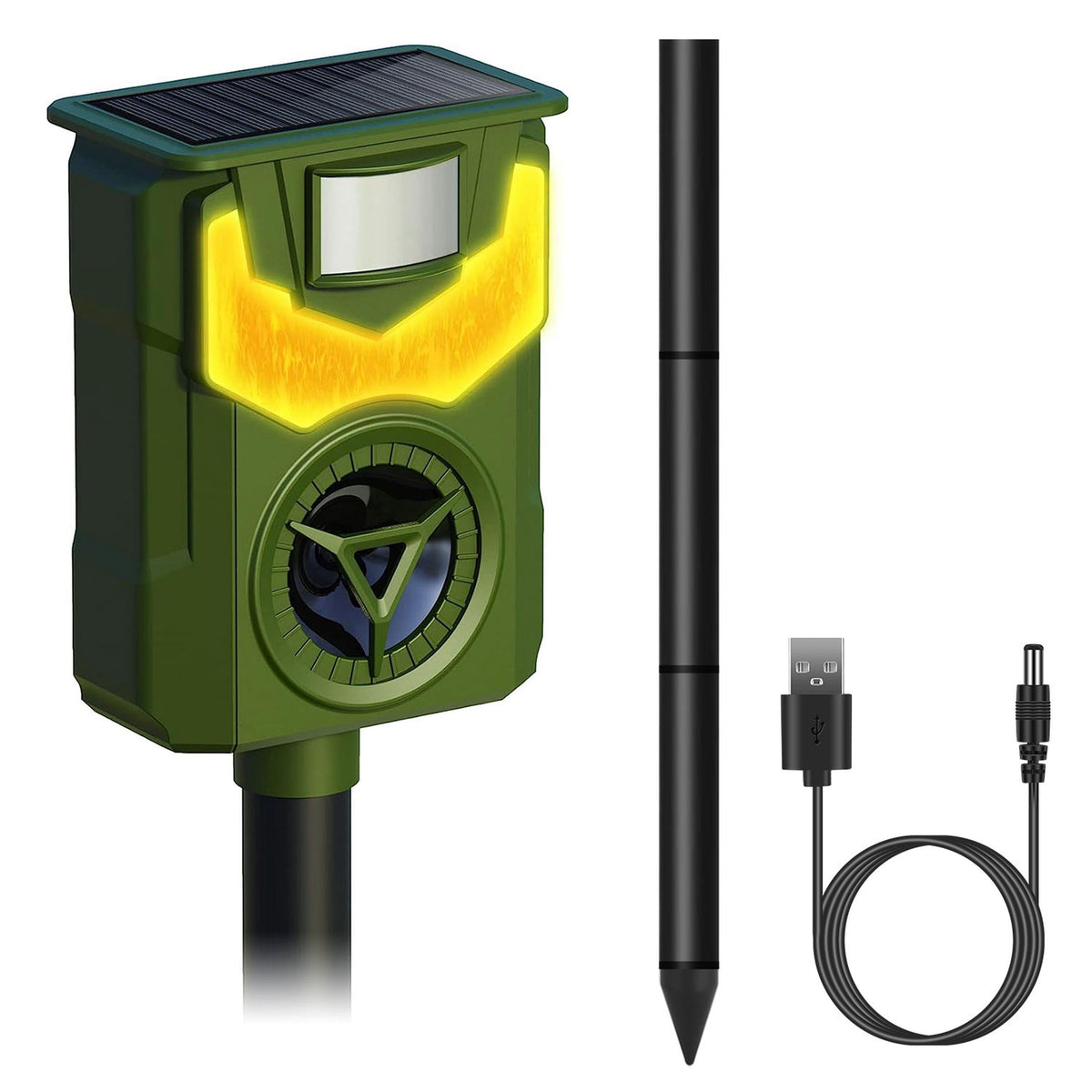 Solar ultrasonic animal repeller green unit with motion sensor, light, stake and USB cable on Tampa Home & Garden Store