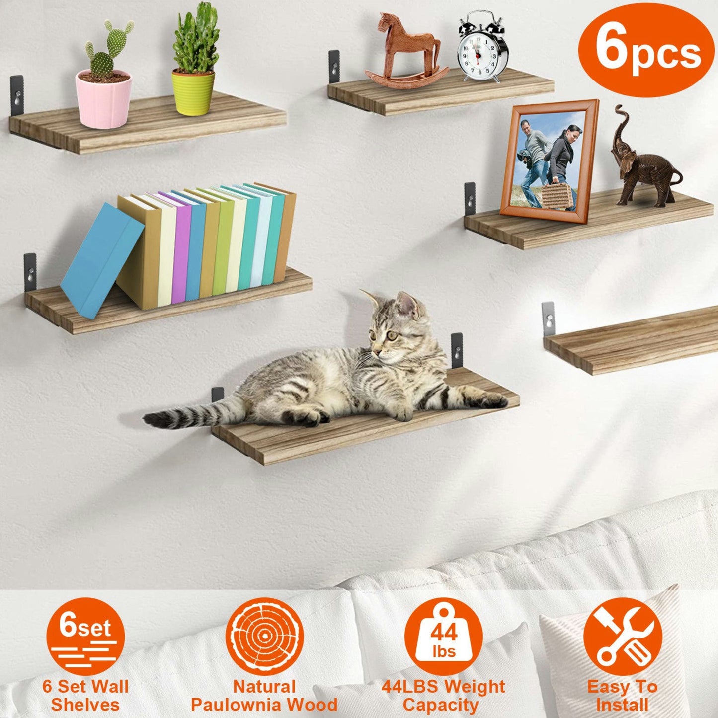 6 Sets of Wood Floating Wall Shelves and Brackets