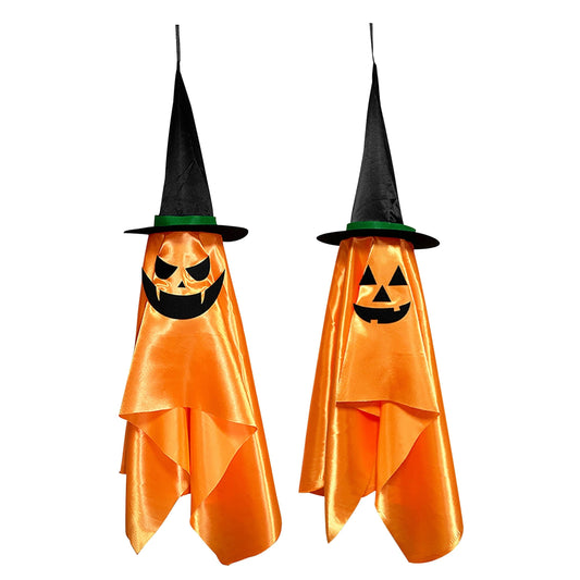 2-pack hanging Halloween ghosts with wizard hats, orange satin bodies and jack-o-lantern faces on Tampa Home & Garden Store