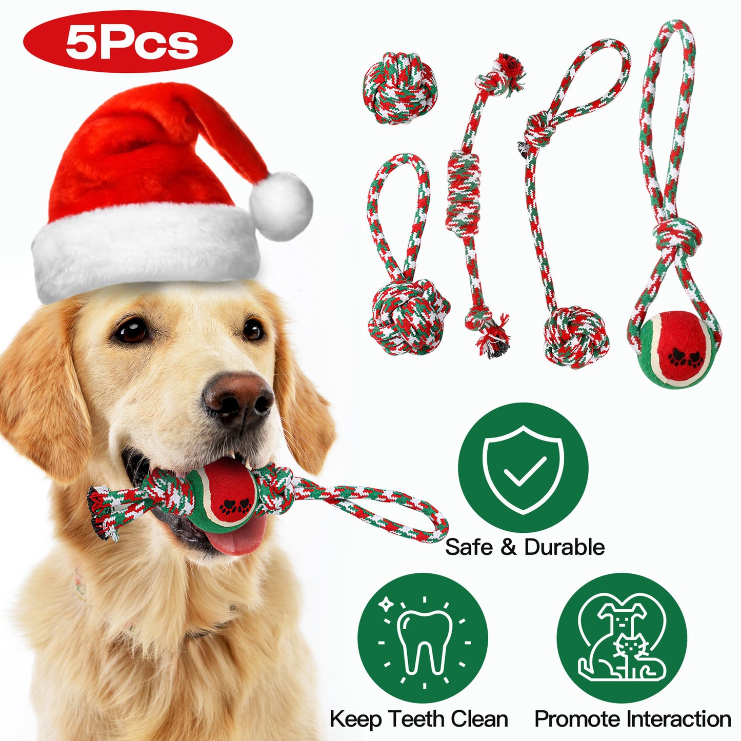 5 Pieces Christmas Dog Rope Chew Toy Set