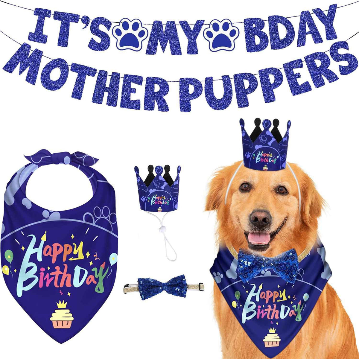 Dog Birthday Bandana Hat Set with paw-print hats, bandanas and bowties banner included on Tampa Home & Garden Store