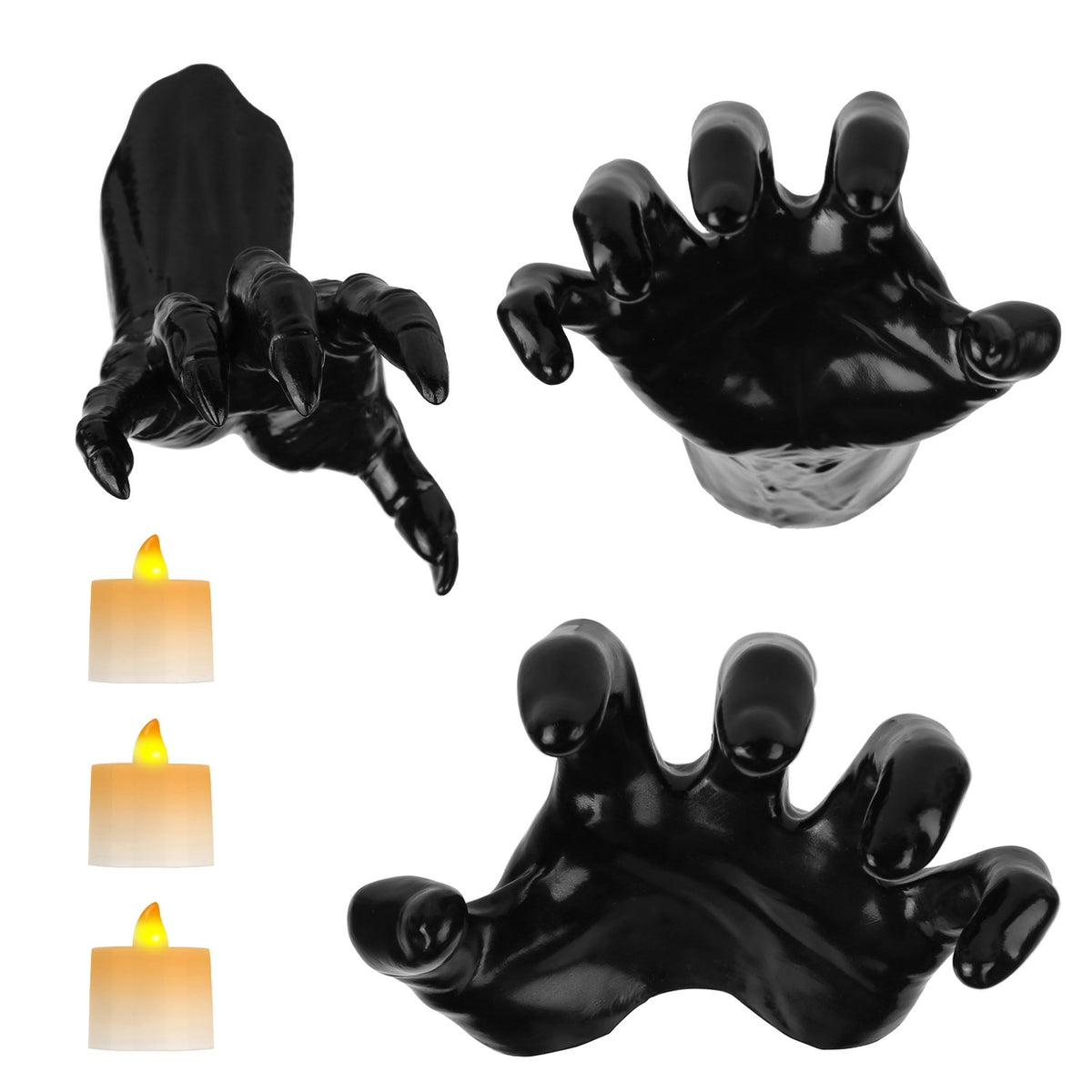 3-piece creepy reaching hands wall decor with lit candles, black horror hands on Tampa Home & Garden Store