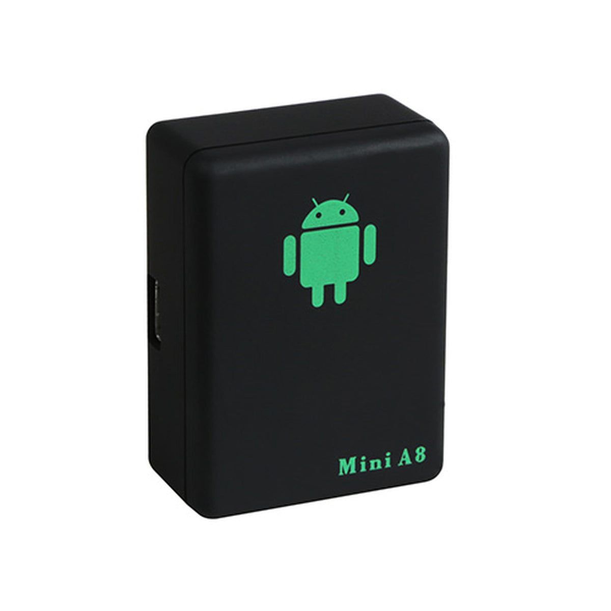 Real Time portable mini GSM/GPS tracker in black with green Android logo and Mini A8 label on front on Tampa Home & Garden Store